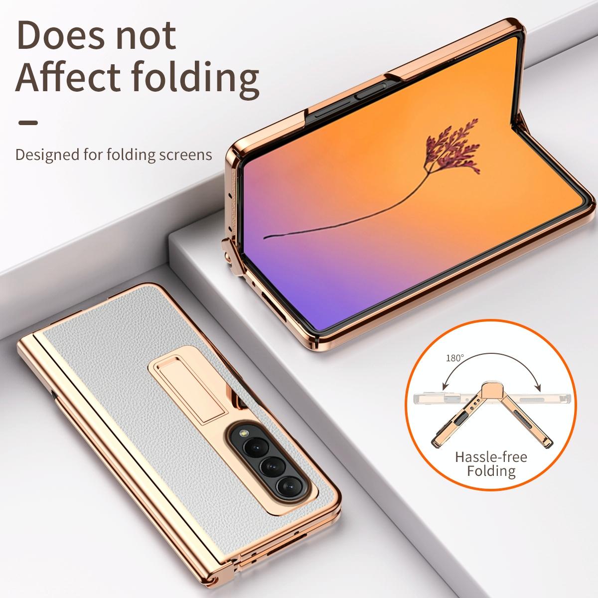 Premium Litchi Leather Hinged Phone Case for Samsung Galaxy z Fold 4 - with Pen - Gold