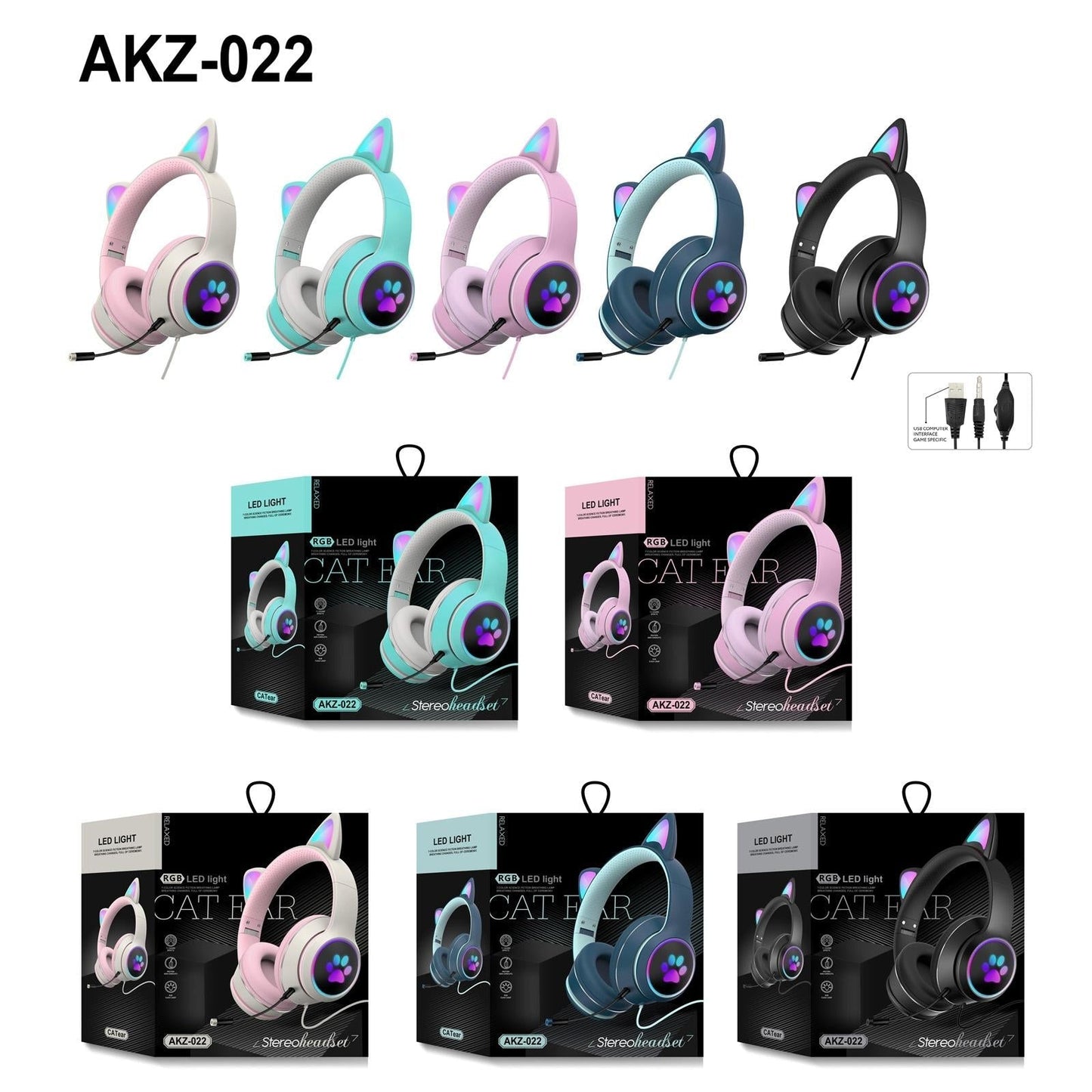 Foldable Led Headset With Mic Usb + 3.5Mm Port - Grey