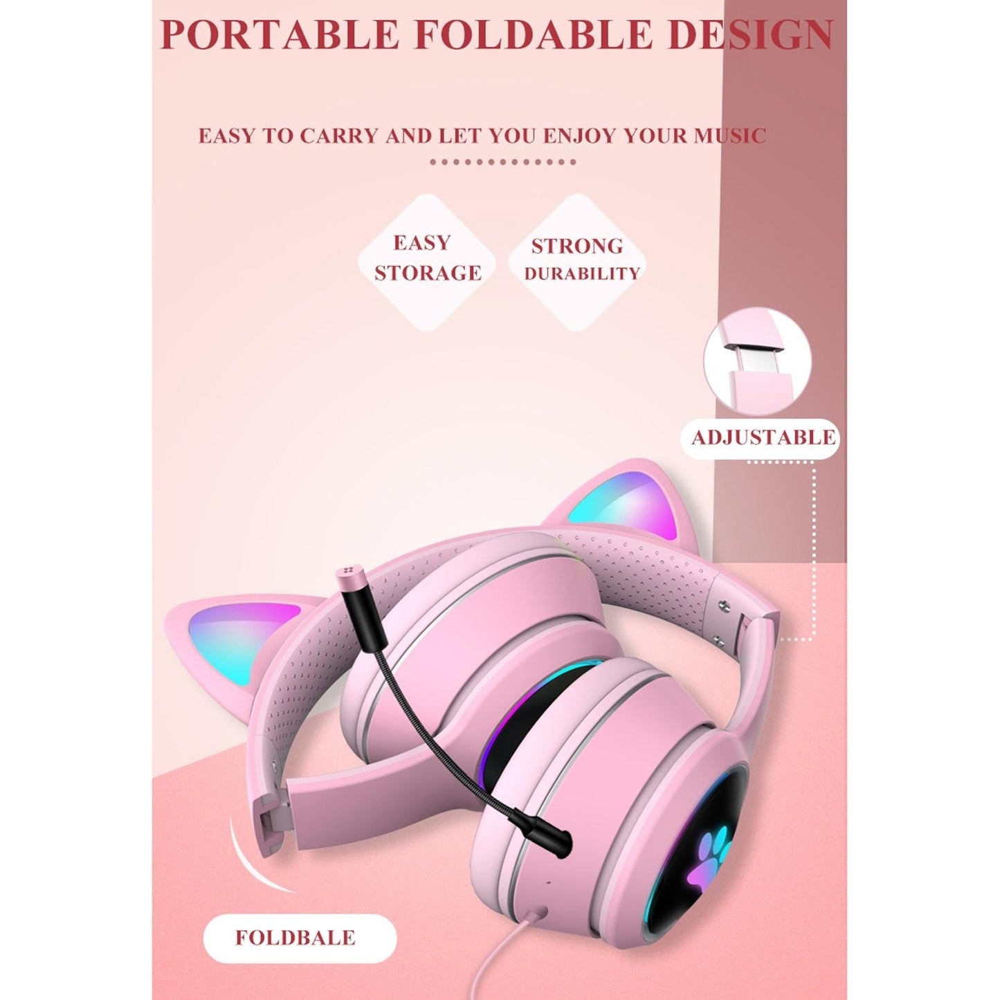 Foldable Led Headset With Mic Usb + 3.5Mm Port - Grey