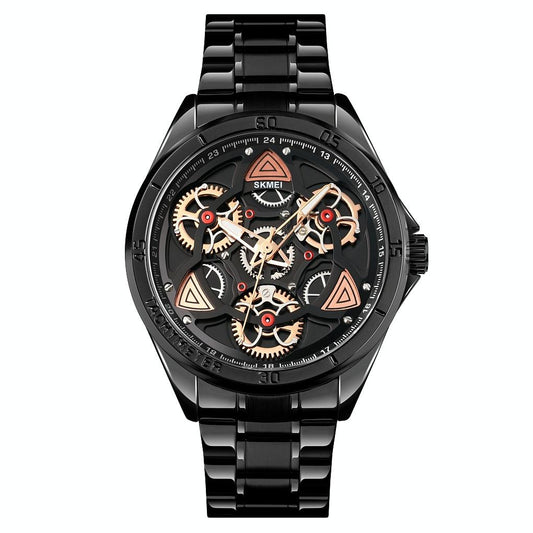 Waterproof Men Quartz Watch with Rotatable Gear Dial - Black Shell Black Surface