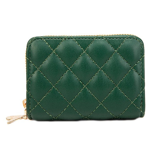 Double Layer Zipper Wallet Multi Card Slot Large Capacity Rhombus Design - Green