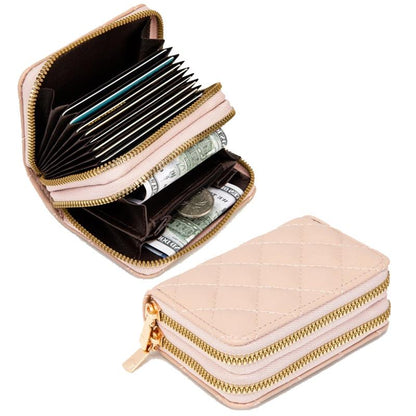 Double Layer Zipper Wallet Multi Card Slot Large Capacity Rhombus Design - Green