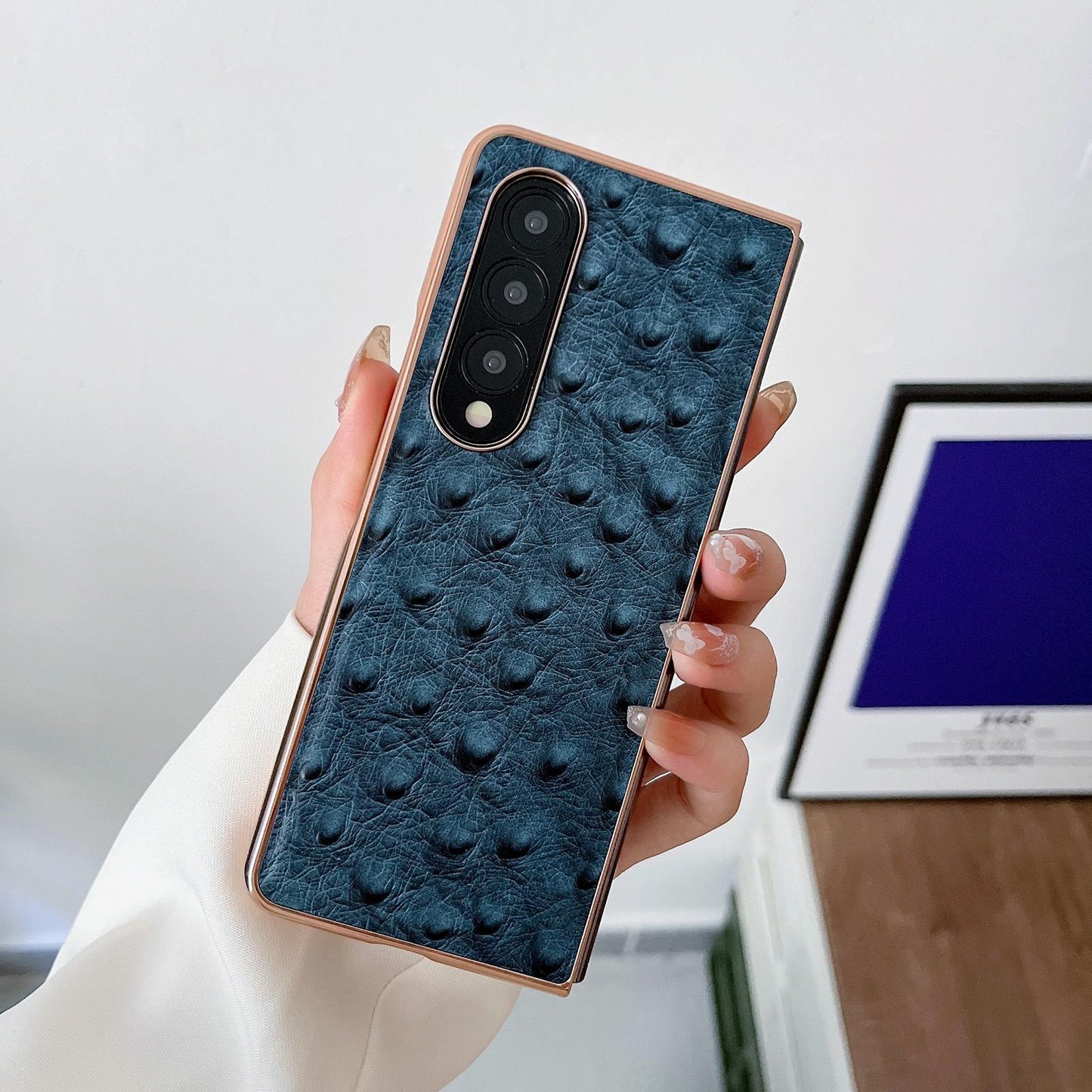 For Samsung Galaxy Z Fold4 5G Ostrich Leather Phone Case - Black