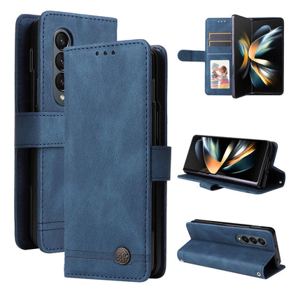 Metal Button Leather Case for Samsung Galaxy z Fold 4 / 5g - Tree Design - Brown