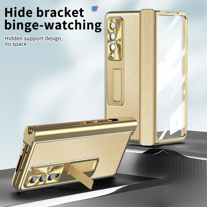 Shockproof Magnetic Litchi Pattern Phone Case for Samsung Galaxy z Fold 4 - Silver Gold