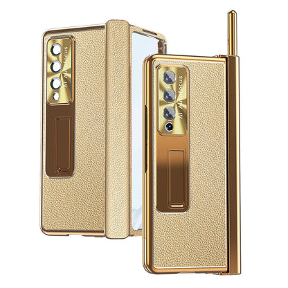 Shockproof Magnetic Litchi Pattern Phone Case for Samsung Galaxy z Fold 4 - Silver Gold