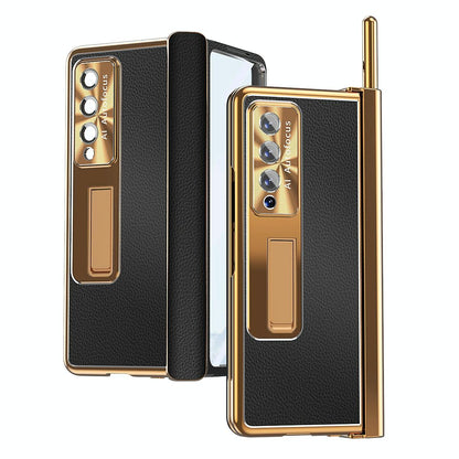 Shockproof Magnetic Litchi Pattern Phone Case for Samsung Galaxy z Fold 4 - Silver Gold
