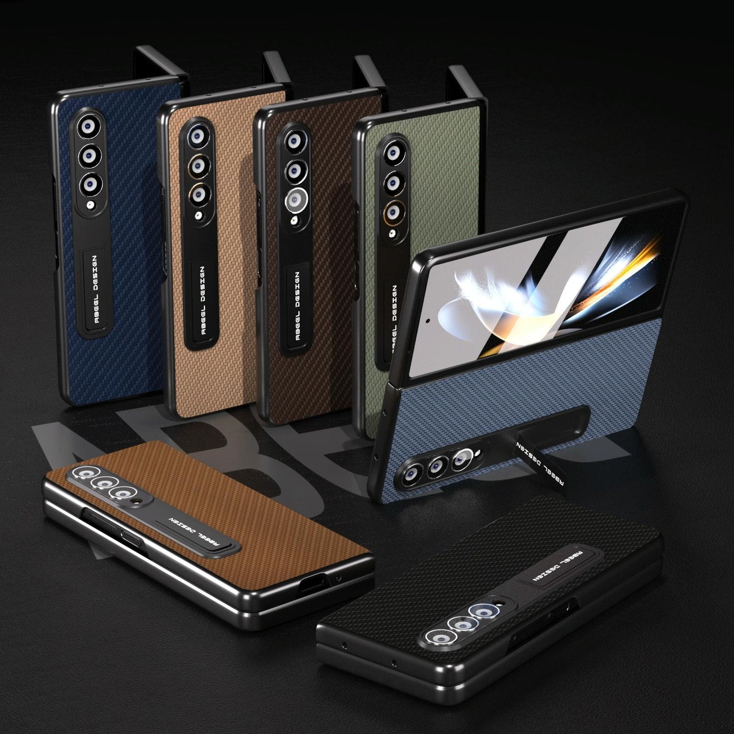 For Samsung Galaxy Z Fold4 5G Carbon Fiber Phone Case With Holder - Dark Blue