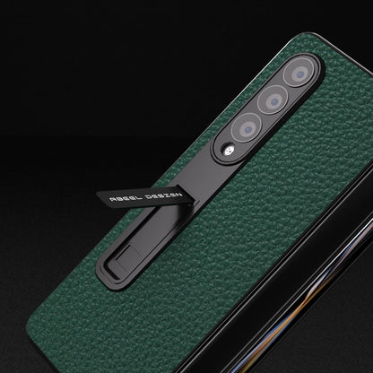 For Samsung Galaxy Z Fold4 5G Leather Phone Case With Holder - Litchi Texture - Green