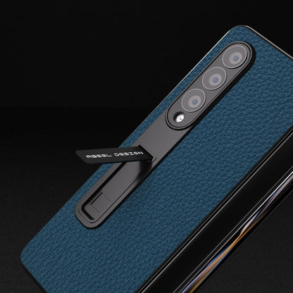 For Samsung Galaxy Z Fold4 5G Leather Phone Case With Holder - Litchi Texture - Green