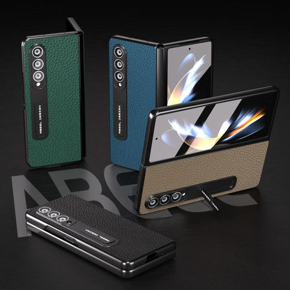 For Samsung Galaxy Z Fold4 5G Leather Phone Case With Holder - Litchi Texture - Green