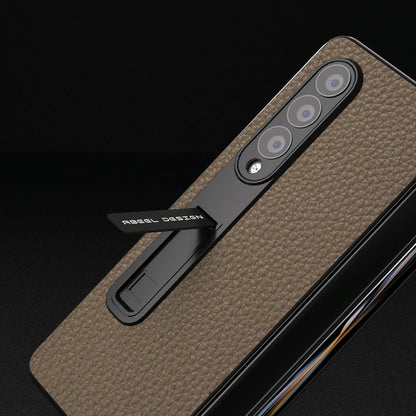 For Samsung Galaxy Z Fold4 5G Leather Phone Case With Holder - Litchi Texture - Green