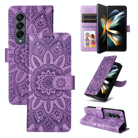 Sunflower Embossed Leather Phone Case for Samsung Galaxy z Fold 4 / 5g - Purple