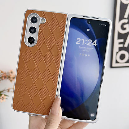 For Samsung Galaxy Z Fold4 5G Checkered Leather Phone Case With Pearlescent Finish - Pink