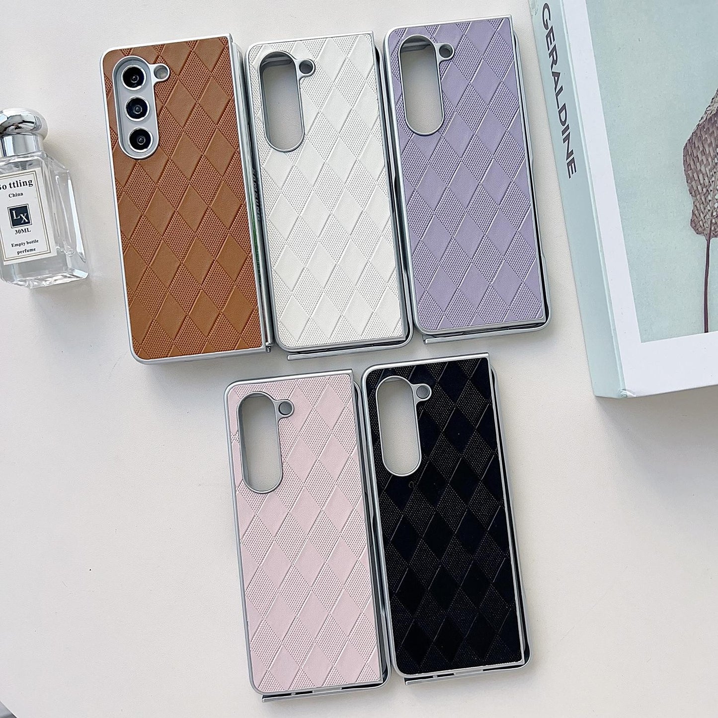 For Samsung Galaxy Z Fold4 5G Checkered Leather Phone Case With Pearlescent Finish - Pink