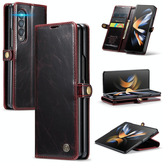 Premium Crazy Horse Leather Phone Case for Samsung Galaxy z Fold 4 - Wine Red