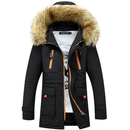 Long Section Cotton Suit Men Plus Velvet Thick Warm Jacket Large Fur Collar Coat Lovers Jacket - Size L - Black