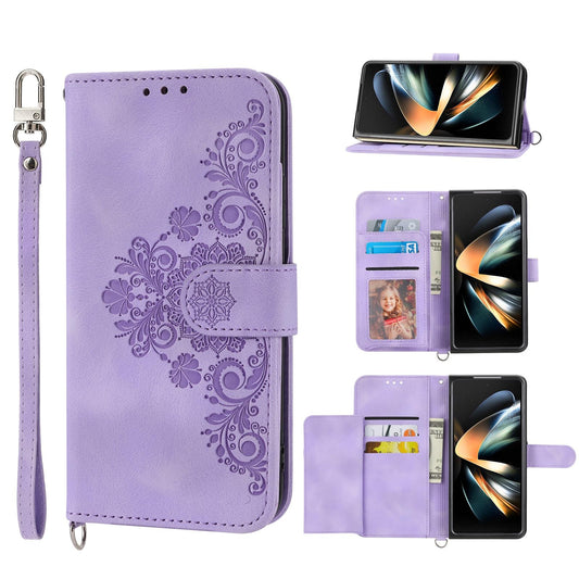 Floral Leather Phone Wallet for Samsung Galaxy z Fold 4 - Embossed - Purple