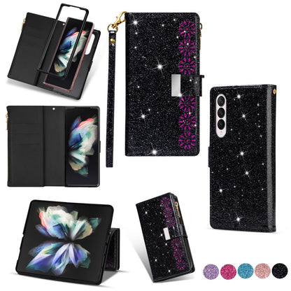 Sparkling Leather Zip Case for Samsung Galaxy z Fold 4 - Zipper Closure - Rose Gold