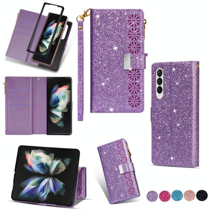 Sparkling Leather Zip Case for Samsung Galaxy z Fold 4 - Zipper Closure - Rose Gold