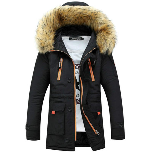 Long Section Cotton Suit Men Plus Velvet Thick Warm Jacket Large Fur Collar Coat Lovers Jacket - Size Xxxl - Black