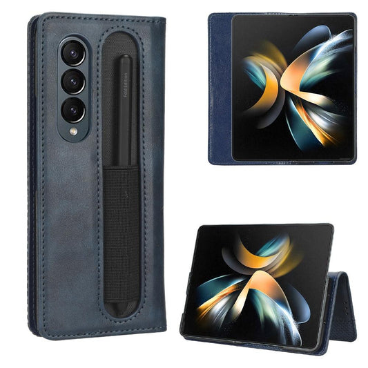 Vintage Leather Phone Case for Samsung Galaxy z Fold 4 5g with Magnetic Buckle - Blue