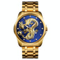 Men Golden Dragon Calendar Dial Quartz Watch with Luminous Hands - Gold Blue
