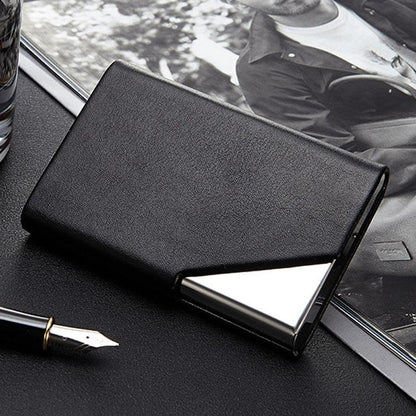 Stainless Steel Business Card Holder Men Leather Clamp - Apricot