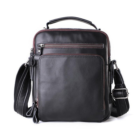 Men Large Capacity One Shoulder Leather Messenger Bag - Napa Texture Black