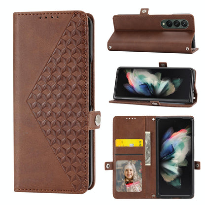 For Samsung Galaxy Z Fold4 5G Textured Leather Phone Case - Cubic Grid Design - Rose Gold