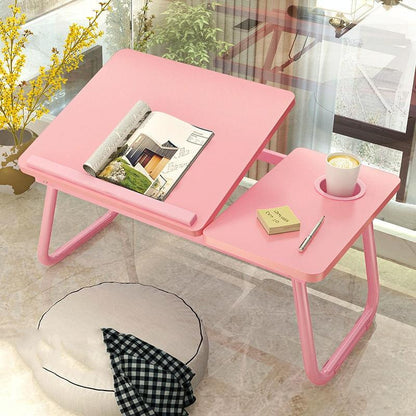 Adjustable Folding Laptop Desk with Cup Holder - Four-speed Lifting Table for Dorms - White Maple