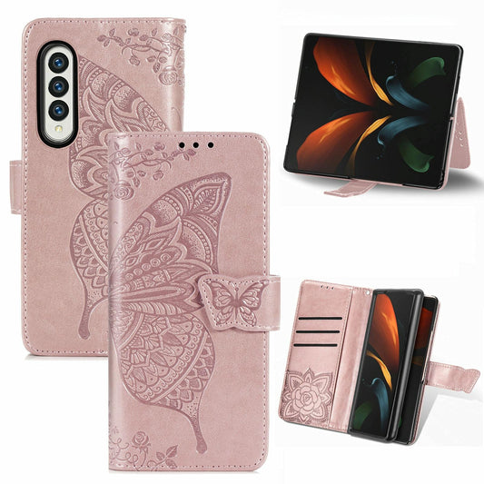 Embossed Butterfly Love Leather Case for Samsung Galaxy z Fold 4 - Flower Design - Rose Gold