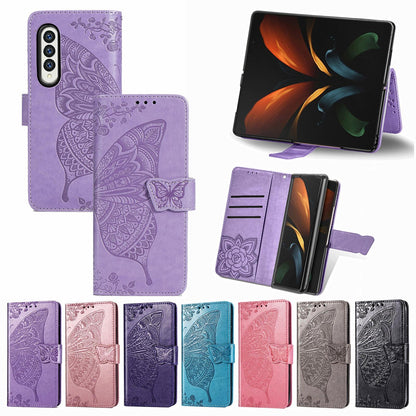 Embossed Butterfly Love Leather Case for Samsung Galaxy z Fold 4 - Flower Design - Rose Gold