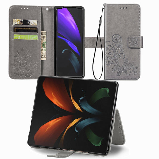Embossed Leather Phone Case for Samsung Galaxy z Fold 4 with Four Leaf Clasp - Gray