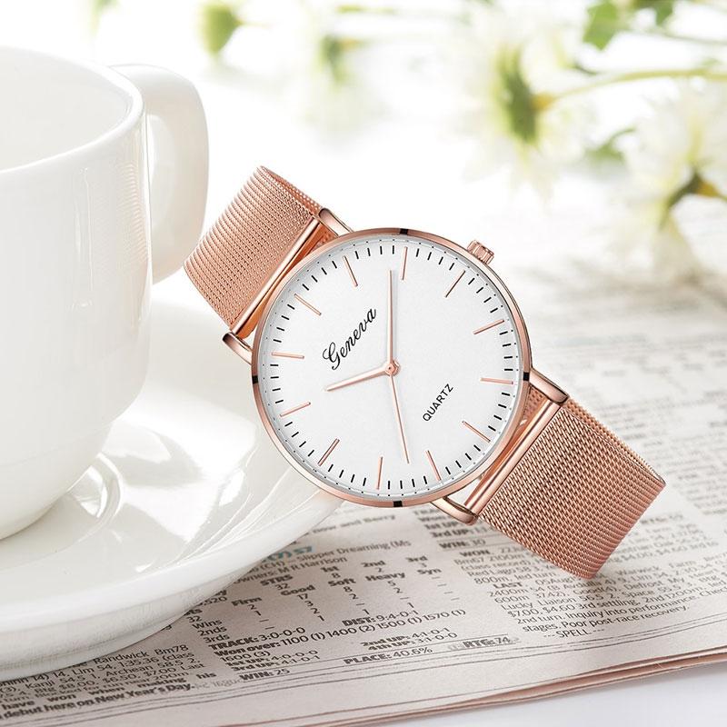 Stainless Steel Mesh Unisex Quartz Watch - Gold Shell White Dial Gold Needle