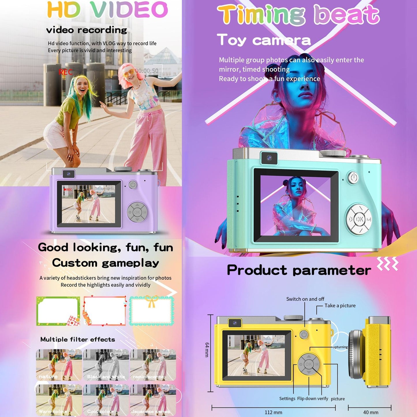 Retro Kids Camera With Dual-Lens 4K Hd Ccd - 2.4 Inch - Green