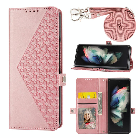 Leather Grid Texture Phone Case with Lanyard for Samsung Galaxy z Fold 4 - Rose Gold