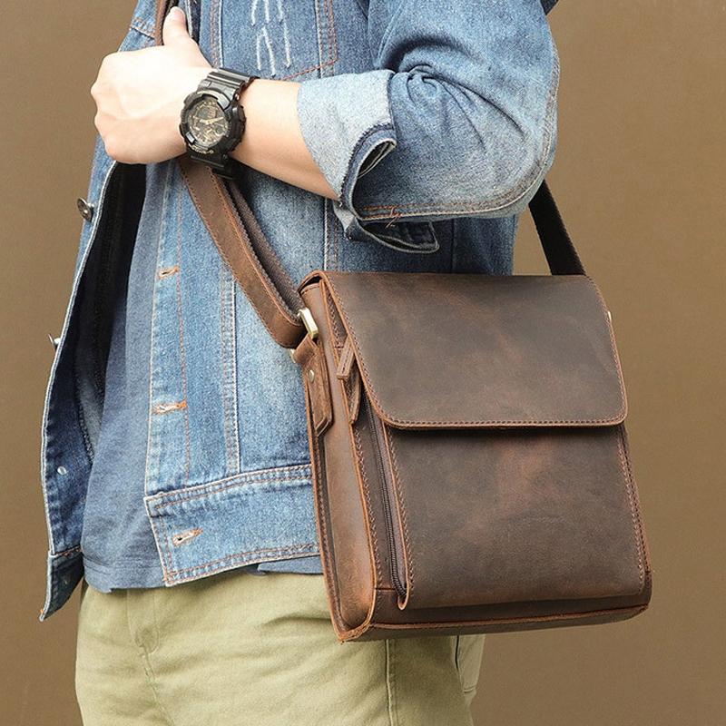 Rustic Leather Men Shoulder Bag - Brown Yellow