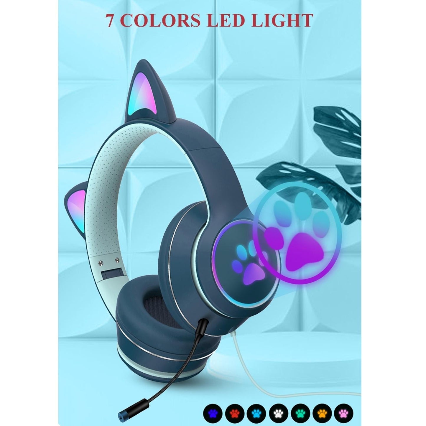 Foldable Led Headset With Mic Usb + 3.5Mm Port - Light Blue