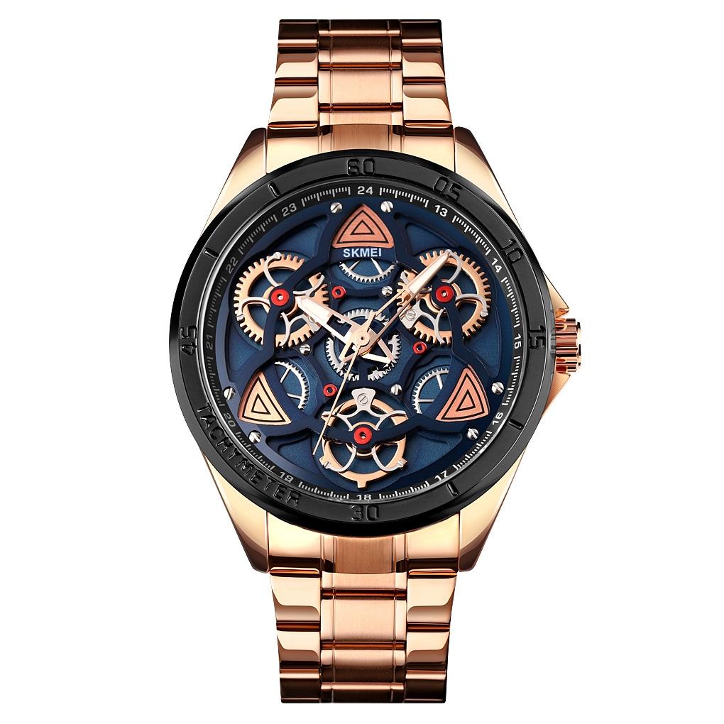 Waterproof Men Quartz Watch with Rotatable Gear Dial - Black Shell Blue Surface
