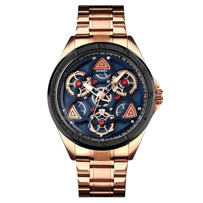 Waterproof Men Quartz Watch with Rotatable Gear Dial - Black Shell Blue Surface