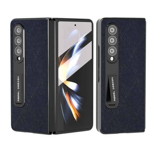 Cross Texture Leather Phone Case with Holder for Samsung Galaxy z Fold 4 5g - Blue