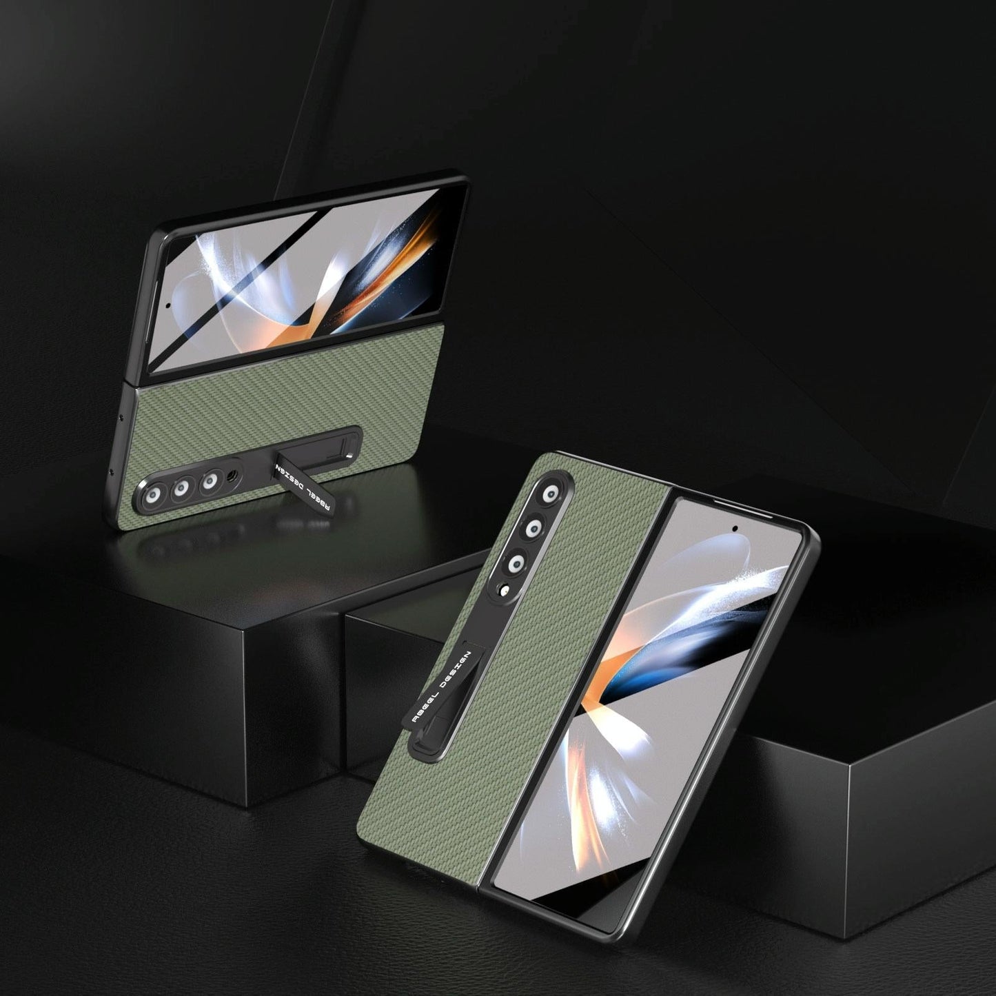 For Samsung Galaxy Z Fold4 5G Carbon Fiber Phone Case With Holder - Light Blue