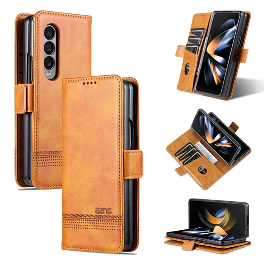For Samsung Galaxy Z Fold4 5G Leather Magnetic Phone Case - Calf Texture - Light Brown