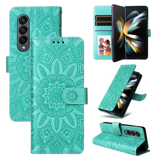 Sunflower Embossed Leather Phone Case for Samsung Galaxy z Fold 4 / 5g - Green