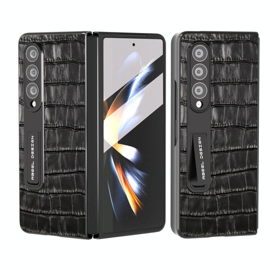 For Samsung Galaxy Z Fold4 5G Premium Leather Phone Case - Crocodile Texture - Black