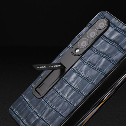 For Samsung Galaxy Z Fold4 5G Premium Leather Phone Case - Crocodile Texture - Black