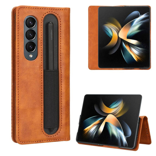 Vintage Leather Phone Case for Samsung Galaxy z Fold 4 5g with Magnetic Buckle - Brown