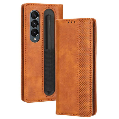 Vintage Leather Phone Case for Samsung Galaxy z Fold 4 5g with Magnetic Buckle - Brown