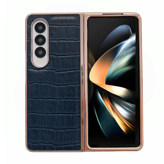 For Samsung Galaxy Z Fold4 5G Crocodile Leather Phone Case - Electroplated - Blue